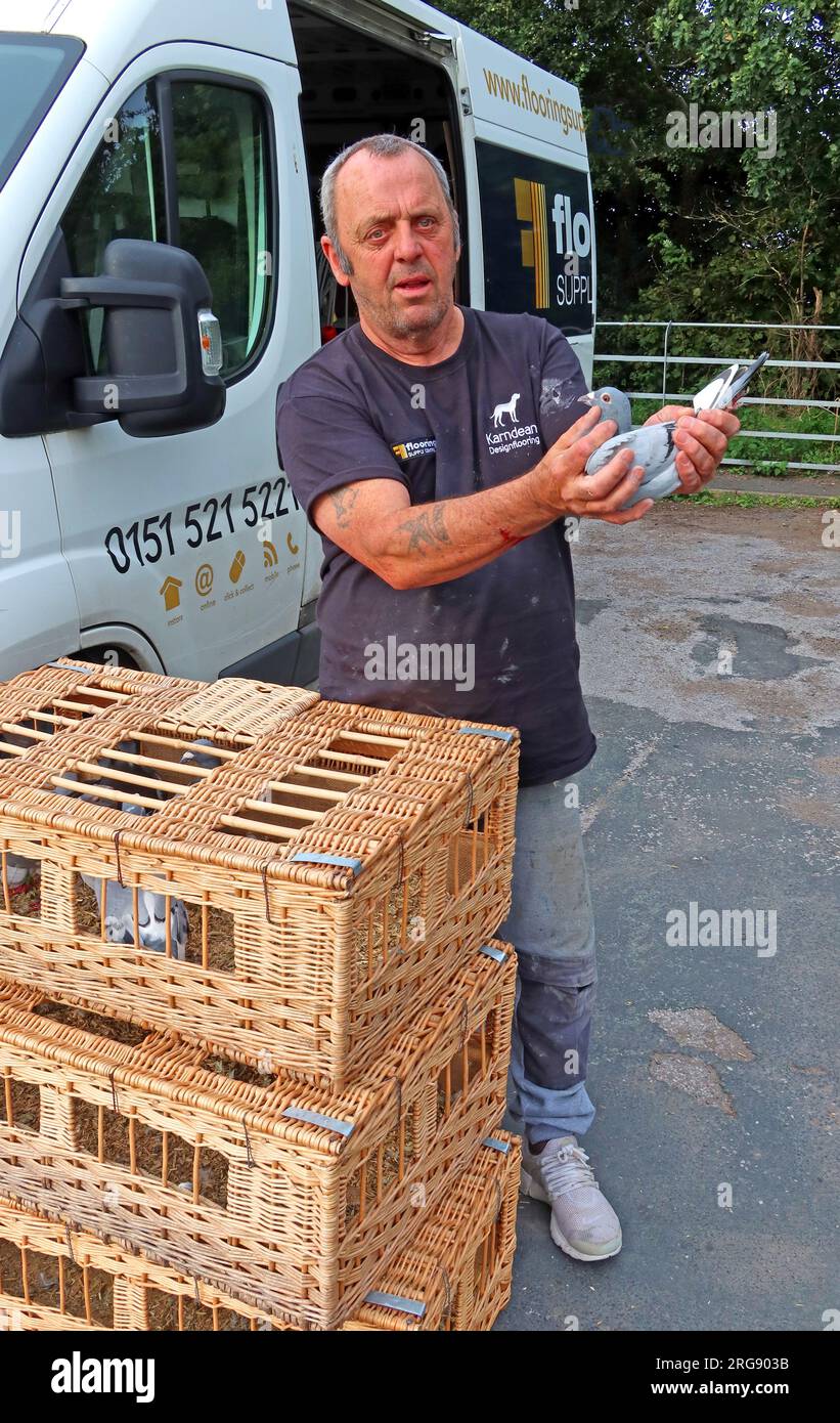 Fancier che rilascia piccioni da corsa dalle loro scatole, Hale Head Lighthouse a Southport 4 agosto 2023, a Hale Village, Merseyside, Inghilterra, Regno Unito, L24 4WB Foto Stock