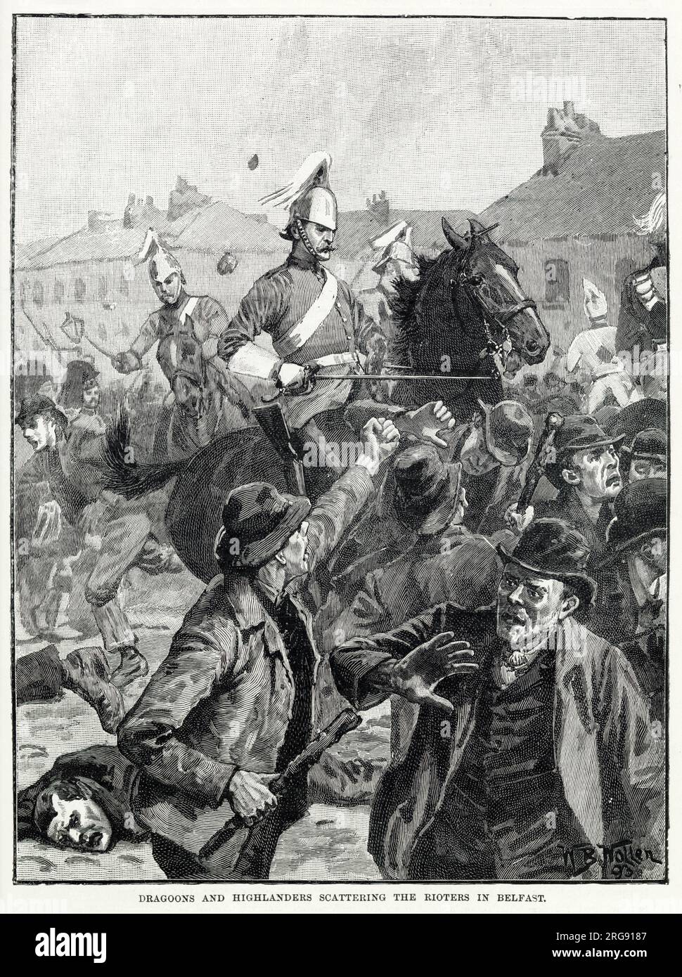 Dragoni e Highlanders che spargono i rivoltosi a Belfast. Di conseguenza, le 4th Dragoon Guards e i 78th Highlanders, accompagnati dai Royal Antrim Rifles, marciarono fino a Durham Street, la linea di confine tra i distretti cattolici e protestanti. Dopo una piccola schermaglia senza che nessuna delle due parti potesse rivendicare alcun vantaggio, ebbe luogo la battaglia più disperata, in un campo di mattoni che correva lungo un lato di dover Street, i belligeranti si riunirono per un numero di migliaia, lanciando pietre e pistole. Foto Stock