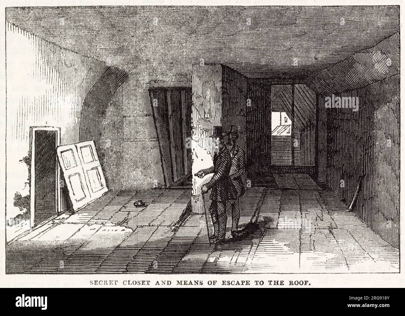 Armadio segreto e mezzi di fuga sul tetto della casa dei ladri a West Street (precedentemente chiamata Chick Lane) Clerkenwell, Londra. Situato sul lato ovest del fiume Fleet. L'alloggio fu abbattuto per i miglioramenti di Clerkenwell, anni prima che una volta era la Red Lion Tavern. Nel 1844, ci sono state segnalazioni di questi e prostituzione all'interno delle vaste stanze con porte a botola, pannelli scorrevoli, falsi muri, vari nascondigli e vie di fuga per rapinatori e assassini. Foto Stock