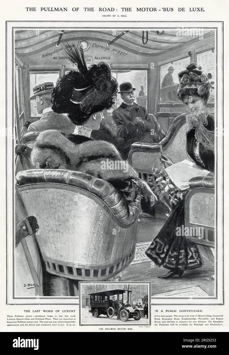 Tre nuovi omnibus pubblici di lusso hanno iniziato a circolare tra Queen's Gate e Portland Place, Londra. Reggere nove passeggeri con le poltrone imbottite che giravano. Foto Stock