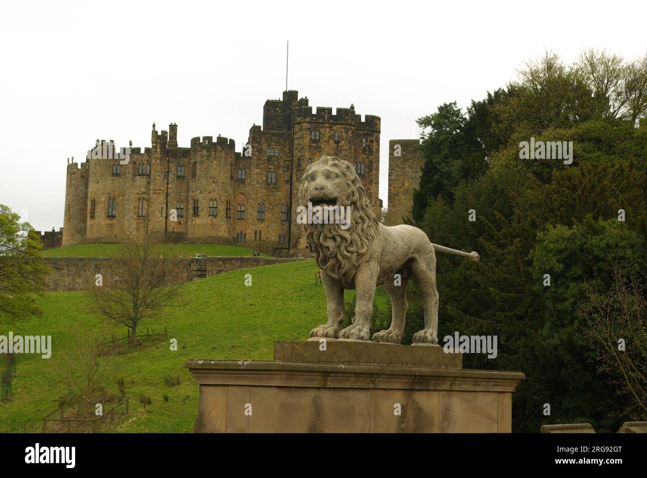 Il Percy Lion sul Lion Bridge, di fronte al castello di Alnwick, Northumberland. Il leone con la sua caratteristica coda dritta è stato creato nel 1773. La costruzione del castello stesso iniziò alla fine dell'XI secolo. Foto Stock