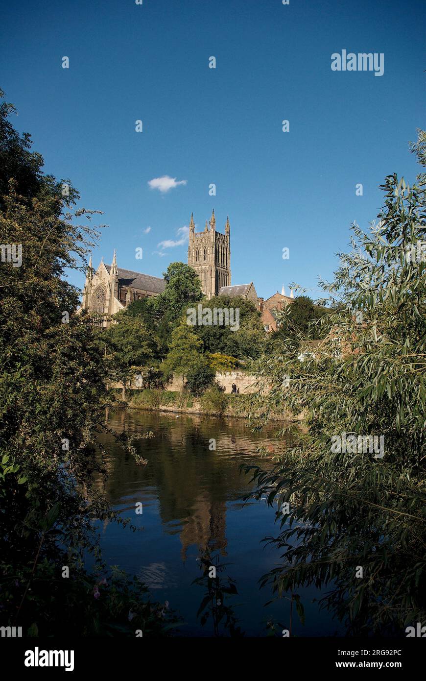 Vista della cattedrale di Worcester dall'altra parte del fiume Severn. La cattedrale fu costruita tra il 1084 e il 1504. Foto Stock