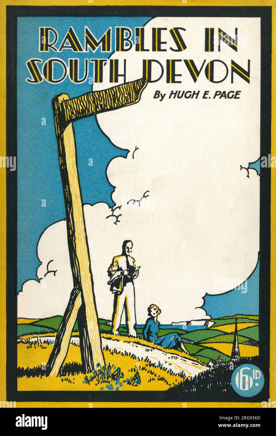 Copertina anteriore di una guida che ti farà arrampicare nel sud del Devon, mostrando una coppia che si gode una pausa in cielo aperto e una trapunta di campi, con il mare e la costa appena visibili oltre. Foto Stock