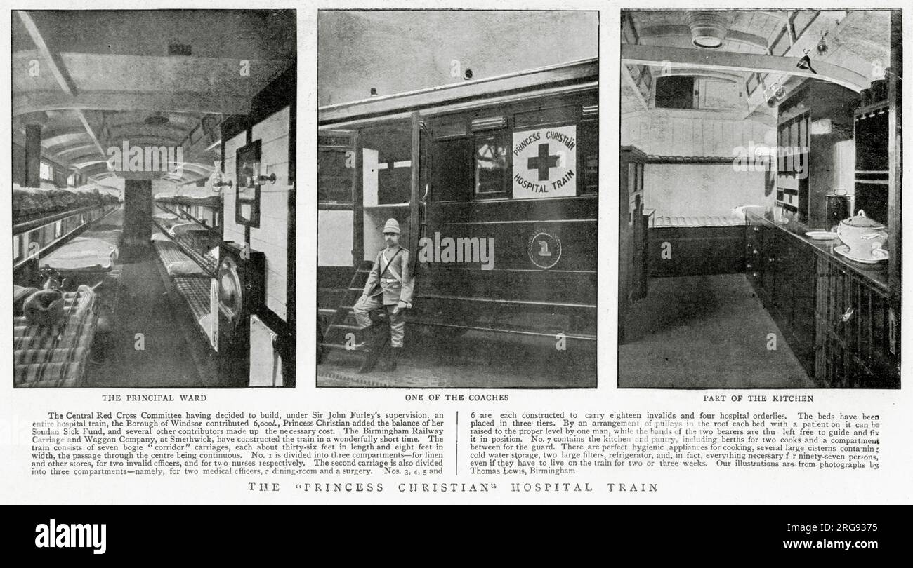 Il treno ospedaliero della Croce Rossa "Principessa Cristiana", conosciuto anche come il treno bianco, durante la seconda guerra boera. È costituito da carrozze per corridoi, ciascuna lunga circa 36 metri e larga 80 metri, che trasportano invalidi su cuccette a tre piani. Foto Stock
