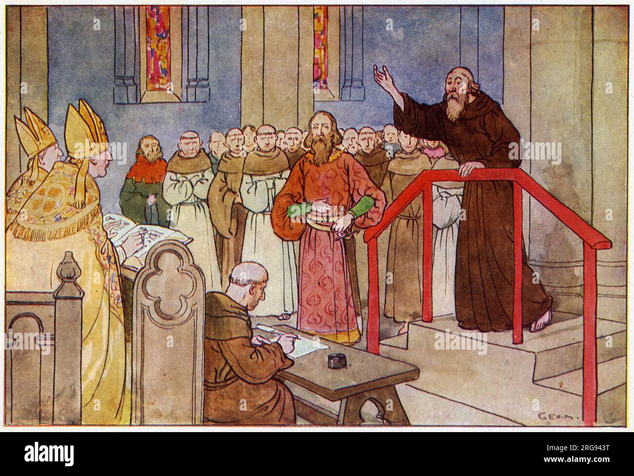 John Wycliffe (circa 1320s 1384) - filosofo scolastico inglese, teologo, traduttore biblico, riformatore, prete, e un professore di seminario all'Università di Oxford. Divenne un dissidente influente all'interno del sacerdozio cattolico durante il XIV secolo ed è considerato un importante predecessore del protestantesimo. Wycliffe attaccò lo status privilegiato del clero, che aveva rafforzato il loro potente ruolo in Inghilterra. Attaccò quindi il lusso e la sfarzosità delle parrocchie locali e le loro cerimonie. Il 17 novembre 1382, Wycliffe fu convocato davanti a un sinodo a Oxford, qui spiega Foto Stock