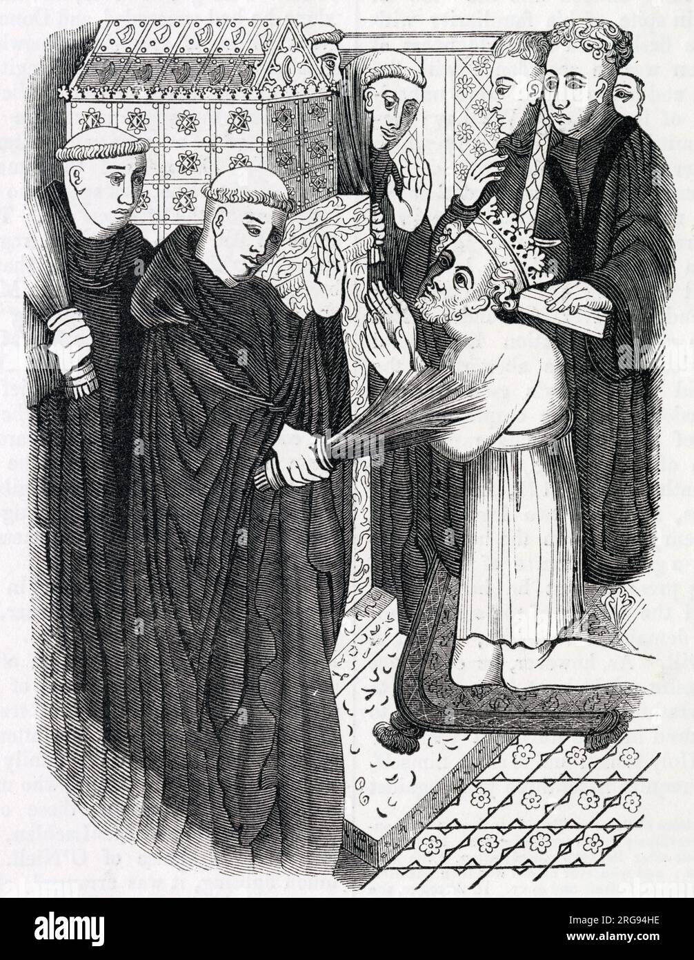 Dopo aver camminato a piedi nudi fino alla cattedrale di Canterbury, re Enrico II cerca penitenza presso la tomba di Thomas a Becket per la sua parte nell'omicidio di Becket, permettendo ai monaci di frustarlo. Foto Stock