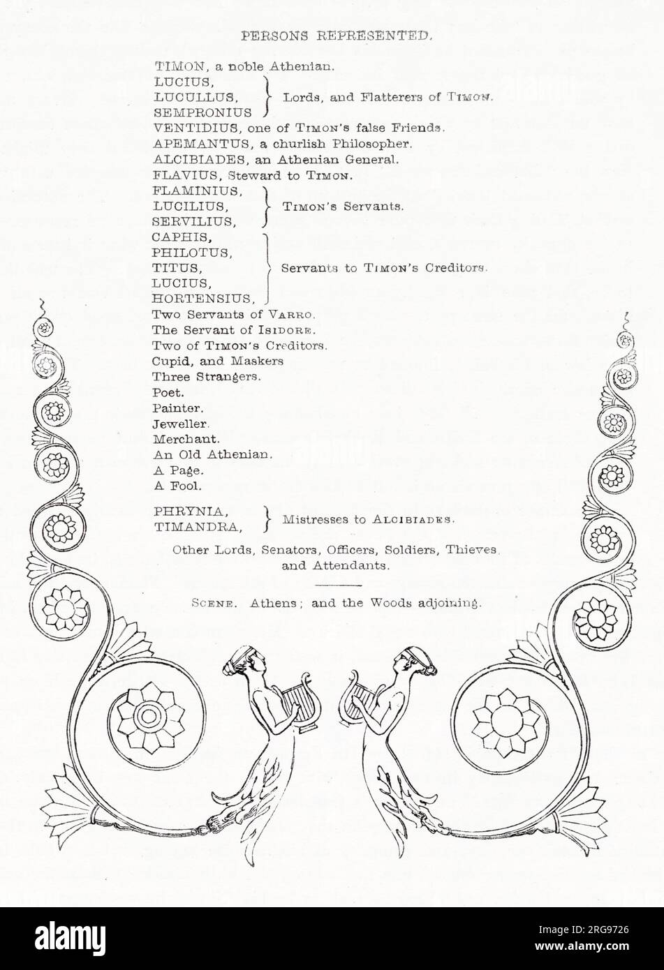 Illustrazione di Kenny Meadows a Timon di Atene, di William Shakespeare. Cast list, con design decorativo. Foto Stock