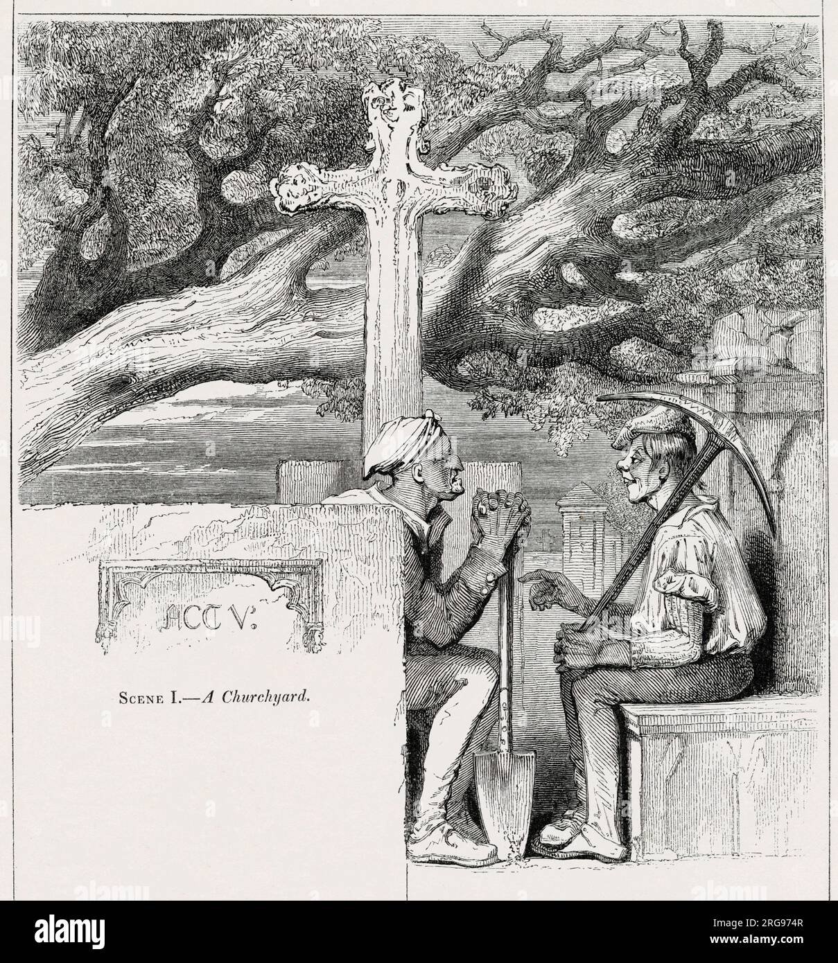 Illustrazione di Kenny Meadows ad Amleto, Principe di Danimarca, di William Shakespeare. Due gravediggers nel cimitero, che si prendono una pausa dal scavare la tomba di Ophelia. Foto Stock