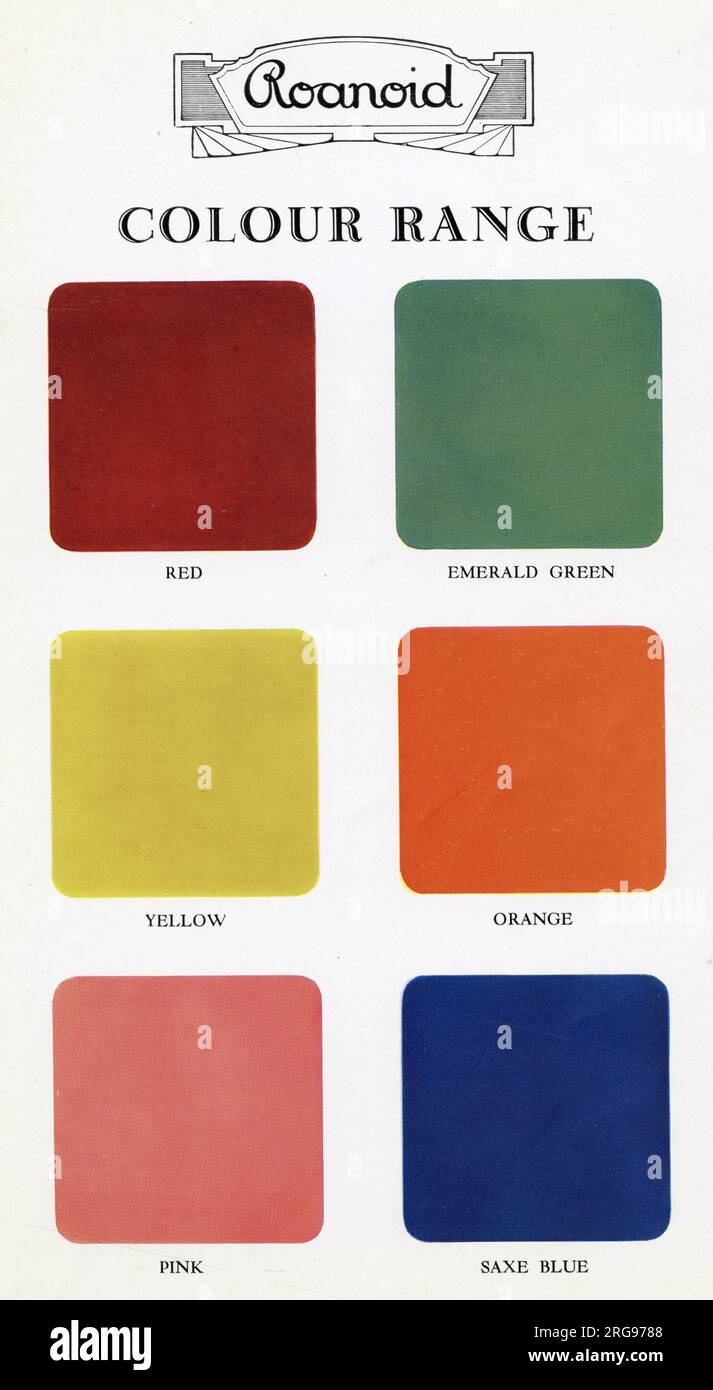 Gamma di colori Roanoid in bachelite -- Rosso, Verde smeraldo, giallo, arancione, rosa, Saxe Blue. Foto Stock