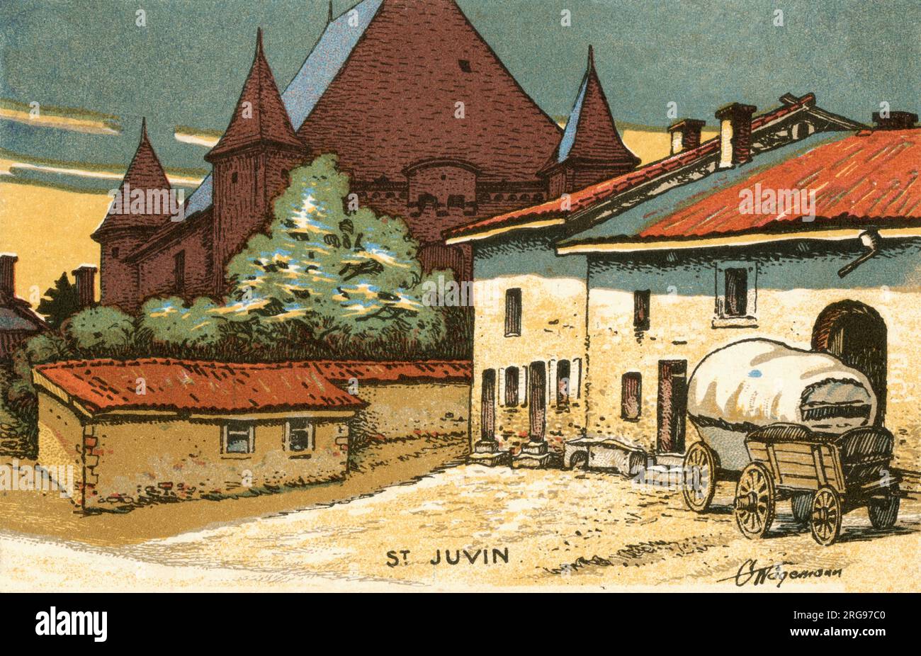Saint-Juvin - comune del dipartimento delle Ardenne, nel nord della Francia. Rimandato in Germania, forse da un soldato tedesco in servizio attivo in Francia durante la prima guerra mondiale? L'interessante (e imponente) edificio sullo sfondo è l'interessante chuch fortificato (Eglise) di Saint-Juvin. Foto Stock