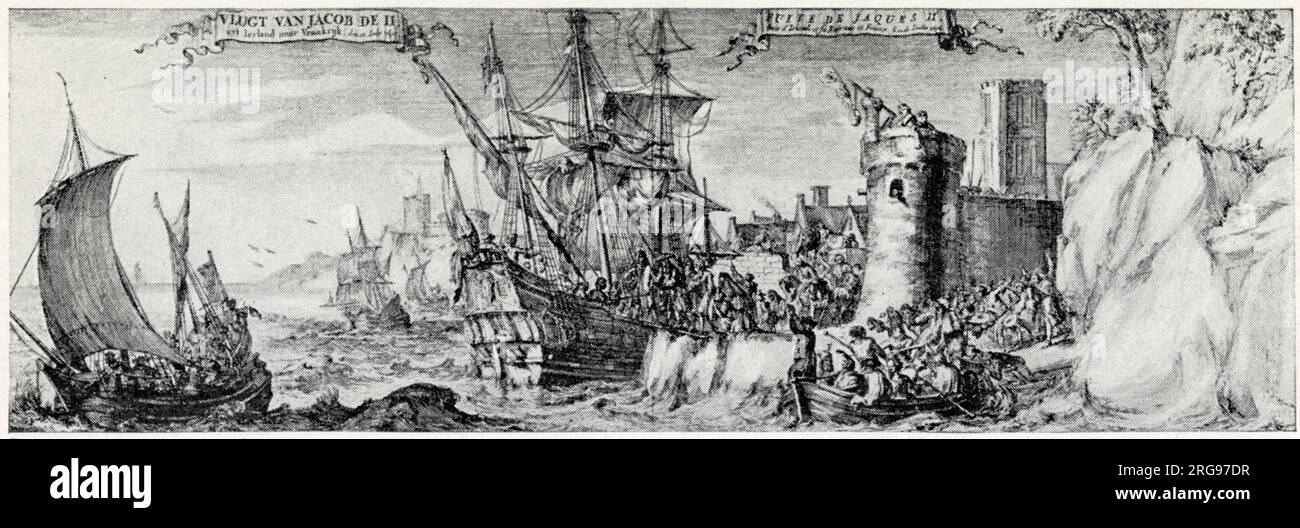 La fuga di re Giacomo II dall'Irlanda dopo la sconfitta di Guglielmo d'Orange nella battaglia del Boyne. Foto Stock