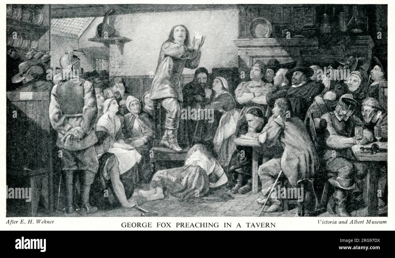 George Fox, fondatore dei Quakers o Society of Friends, predicando in una taverna. Foto Stock