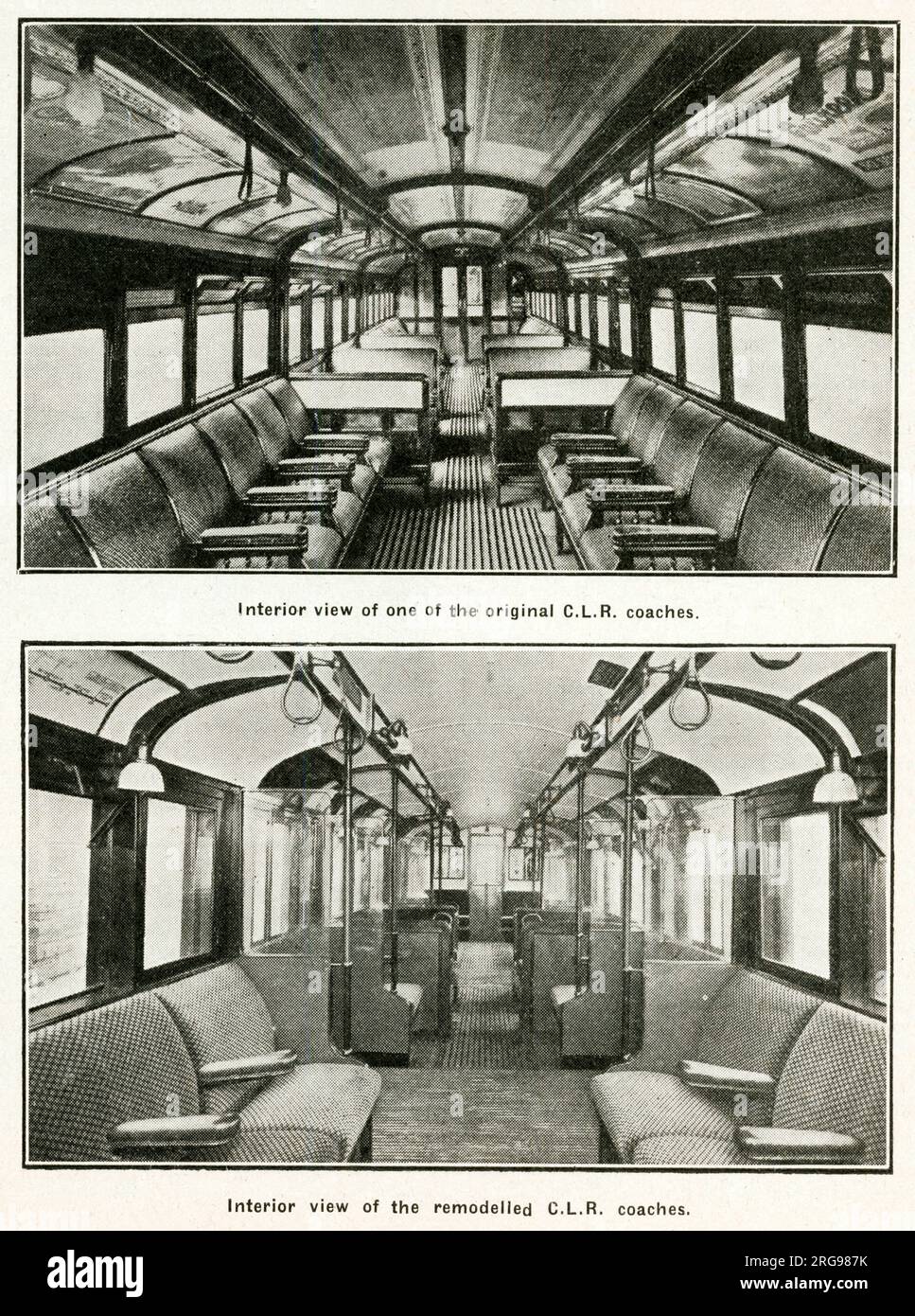 Metropolitana di Londra, interni carrozze -- uno dei pullman originali CLR (in alto), e un pullman CLR rimodellato (in basso). Foto Stock