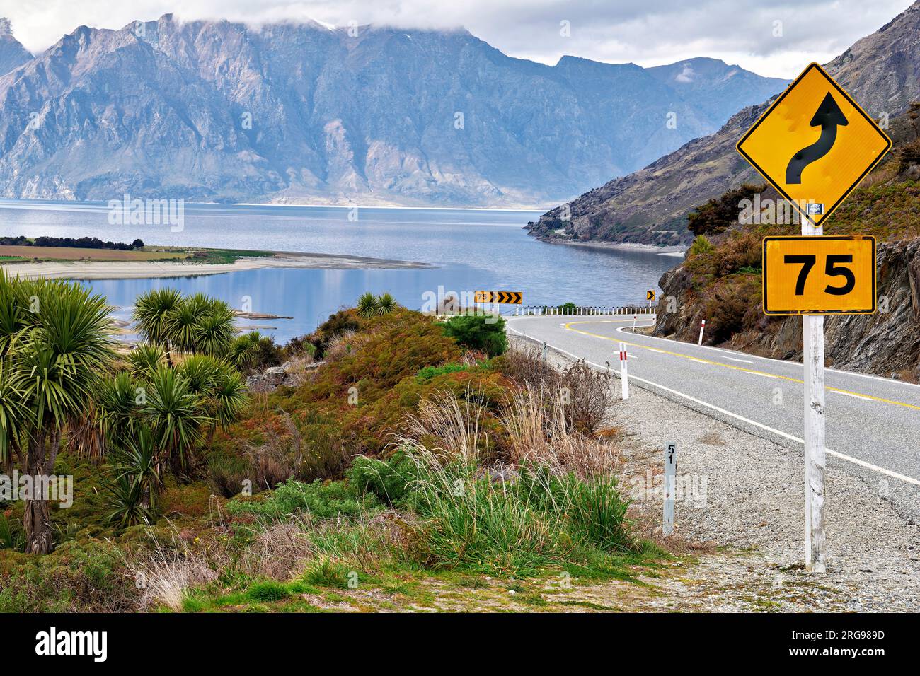 Nuova Zelanda. Punto panoramico del lago Wanaka sull'autostrada statale 6. West Coast. South Island Foto Stock