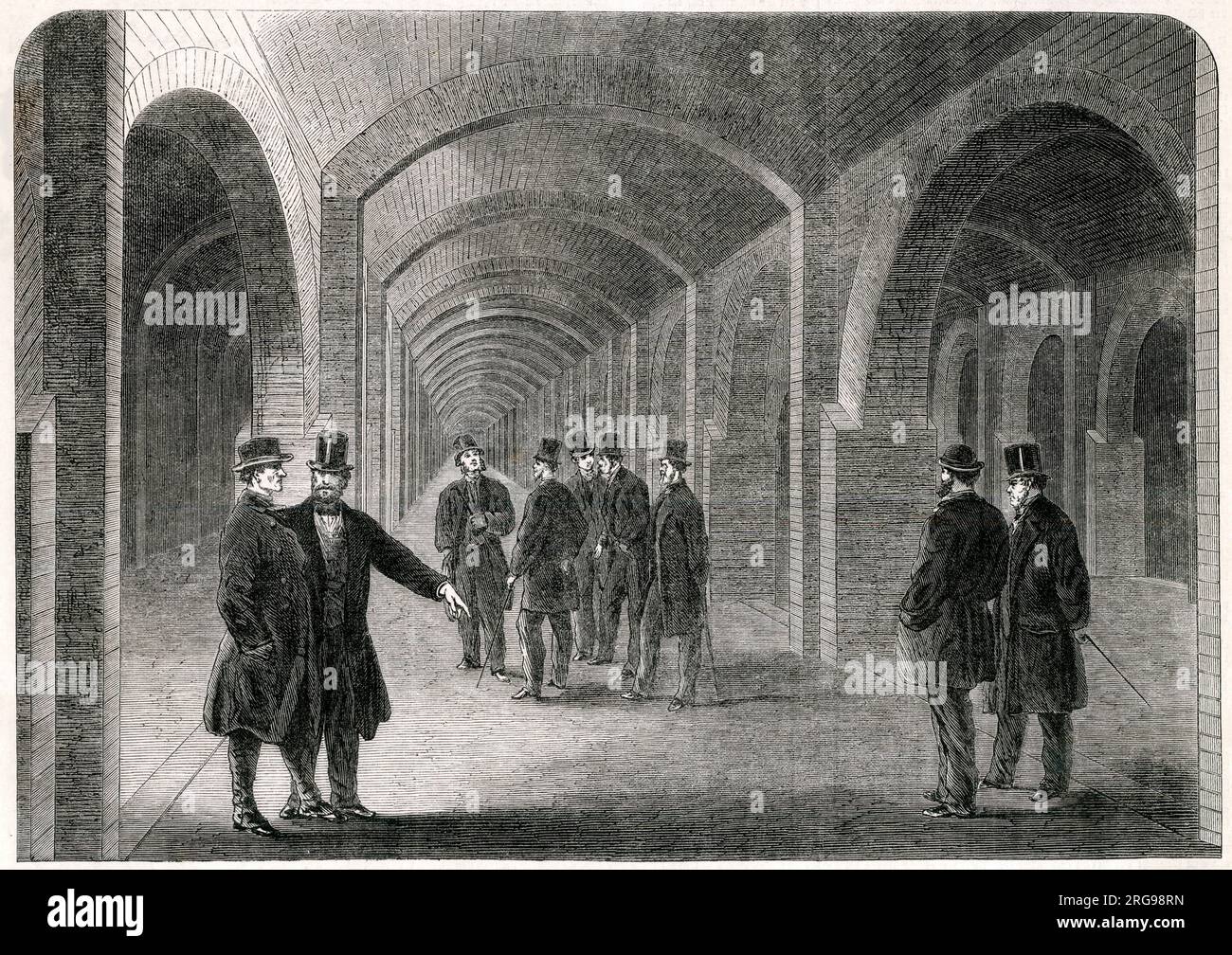 L'interno del serbatoio sotterraneo del Metropolitan Main Drainage Works a Crossness nel 1865, ufficialmente aperto dal principe di Galles (poi re Edoardo VII) in quell'anno. I lavori di drenaggio a Crossness (ora noti anche come Crossness Pumping Station) furono costruiti da Sir Joseph Bazalgette come parte del sistema di drenaggio e fognature di Londra. Foto Stock