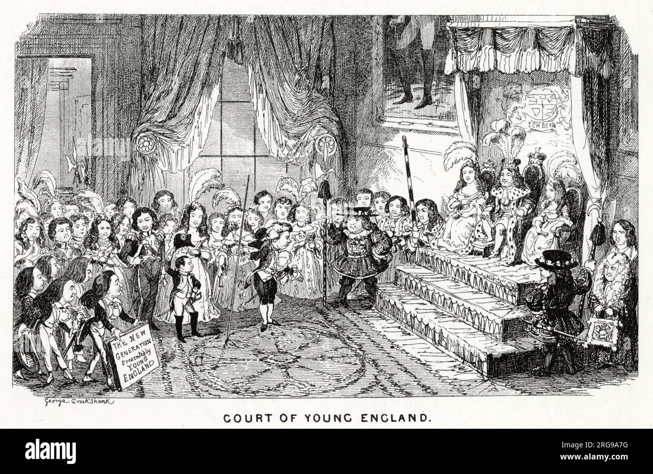 Cartoon, Court of Young England -- la nuova generazione. Un commento sul Young England Movement di Benjamin Disraeli, un gruppo politico scissionista composto per lo più da aristocratici conservatori che erano insieme alla scuola pubblica. Foto Stock