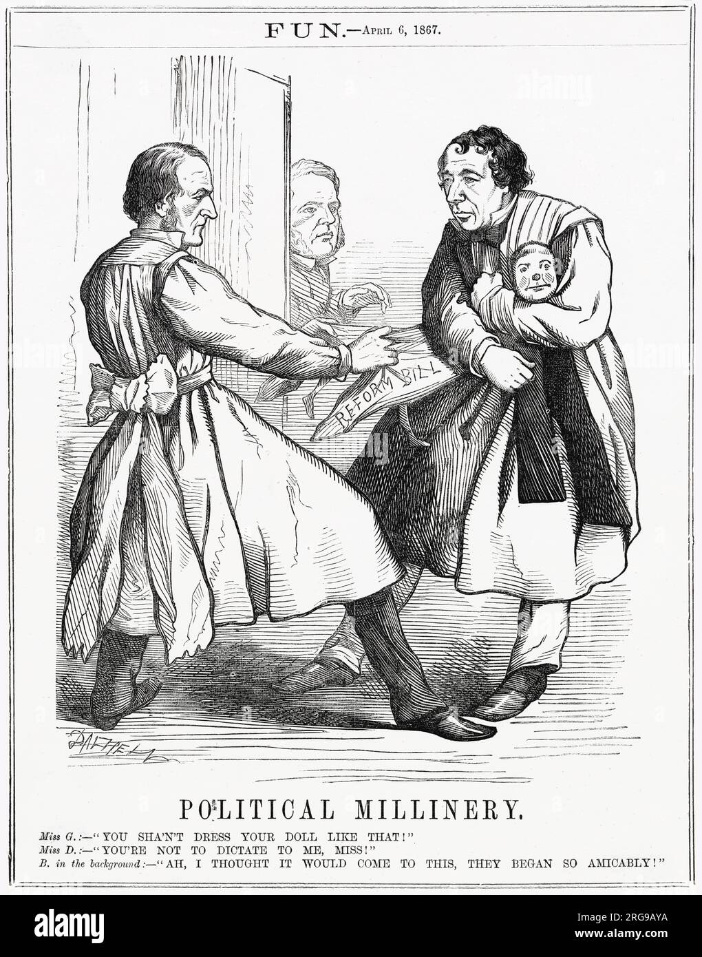 Cartone animato, Political Millinery -- un commento satirico sul disaccordo tra Gladstone e Disraeli sui dettagli della riforma elettorale. Il deputato radicale liberale John Bright guarda sullo sfondo. Foto Stock