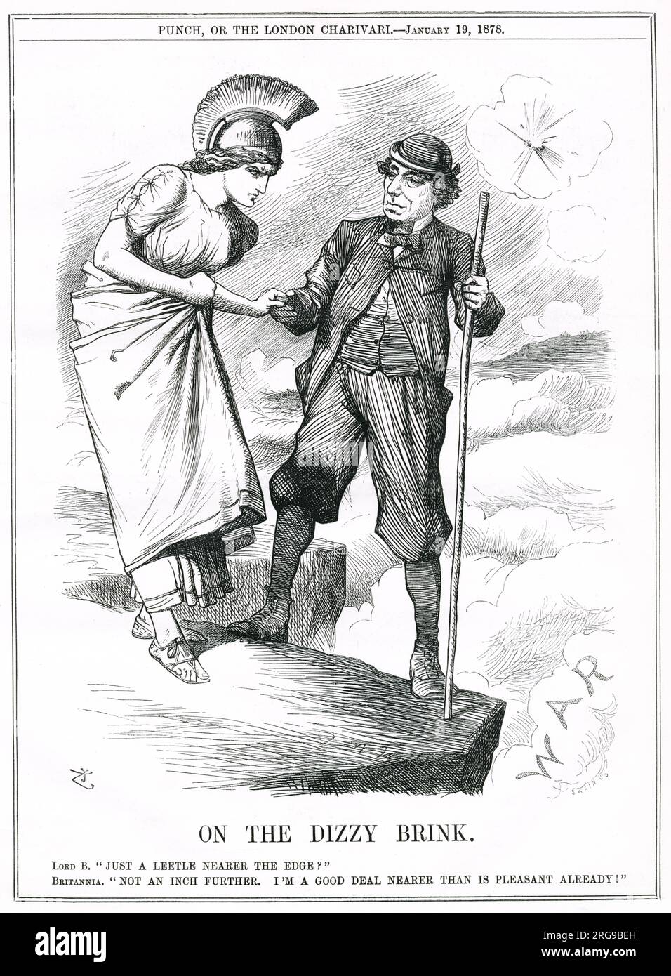 Cartoon, on the Dizzy Brink -- Benjamin Disraeli conduce una Britannia molto riluttante sull'orlo della guerra, inviando navi britanniche a Costantinopoli, rischiando un conflitto con le forze russe. Foto Stock