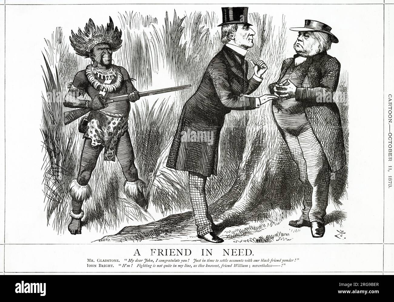 Cartoon, A Friend in Need -- un commento satirico sulla terza guerra anglo-Ashanti (1873-1874) in Africa occidentale. William Gladstone si congratula con John Bright per la sua nomina a Cancelliere del Ducato di Lancaster, e spera che possa aiutare a sistemare le cose con il guerriero Ashanti in piedi a sinistra, tenendo un fucile. Bright (un quacchero amante della pace) risponde che combattere non è proprio la sua cosa, ma ... Foto Stock