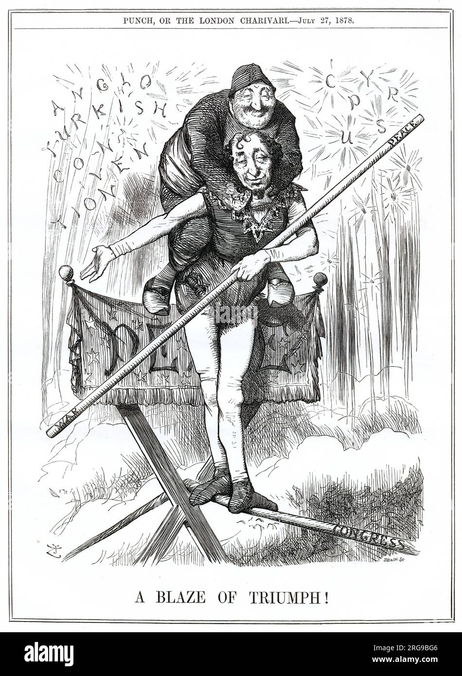 Cartone animato, Una Blaze of Triumph! Disraeli è l'eroe del giorno, avendo fatto un accordo su Cipro con la Turchia alla Convenzione anglo-turca, garantendo così la pace piuttosto che la guerra. Disraeli è raffigurato come un acrobato, che cammina una stretta mentre porta il sultano sulla schiena. Foto Stock