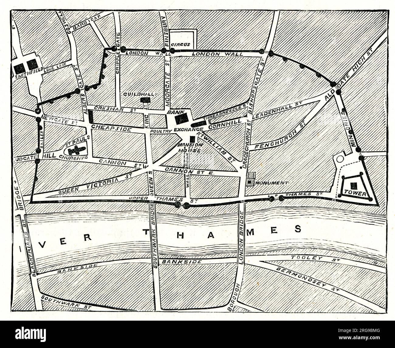 Profilo del Vecchio Muro Romano, mostrato sulla Mappa di Londra 1885 Foto Stock