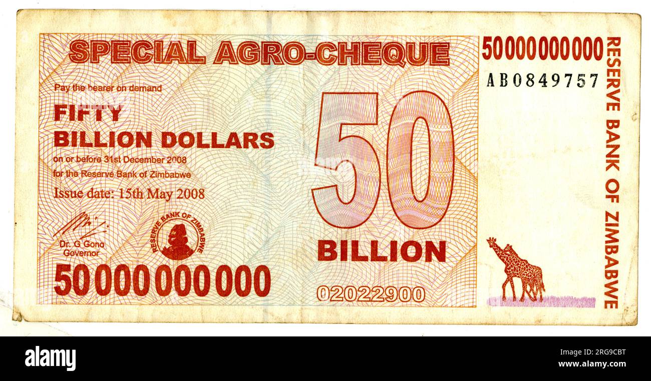 Iperinflazione in Zimbabwe nel 2008 - una banconota da 50 miliardi di dollari Foto Stock
