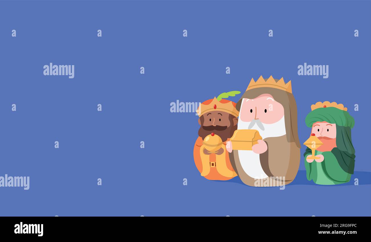 Tre saggi, magi o tre re biblici che presentano doni d'oro, incenso e mirra vettore di cartoni animati. Vettore di banner per la Natività o l'epifania. Illustrazione Vettoriale