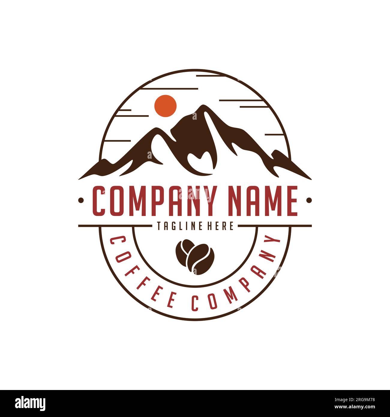 Emblema del logo Coffee Company con design montano. Illustrazione vettoriale Illustrazione Vettoriale