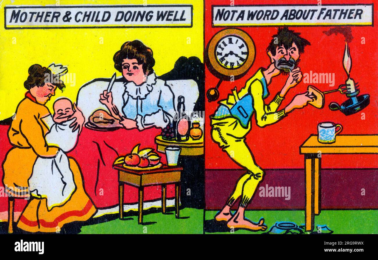 Cartolina comica umoristica - arrivo di un nuovo bambino. Madre e bambino stanno bene - non una parola su padre ....!! Foto Stock