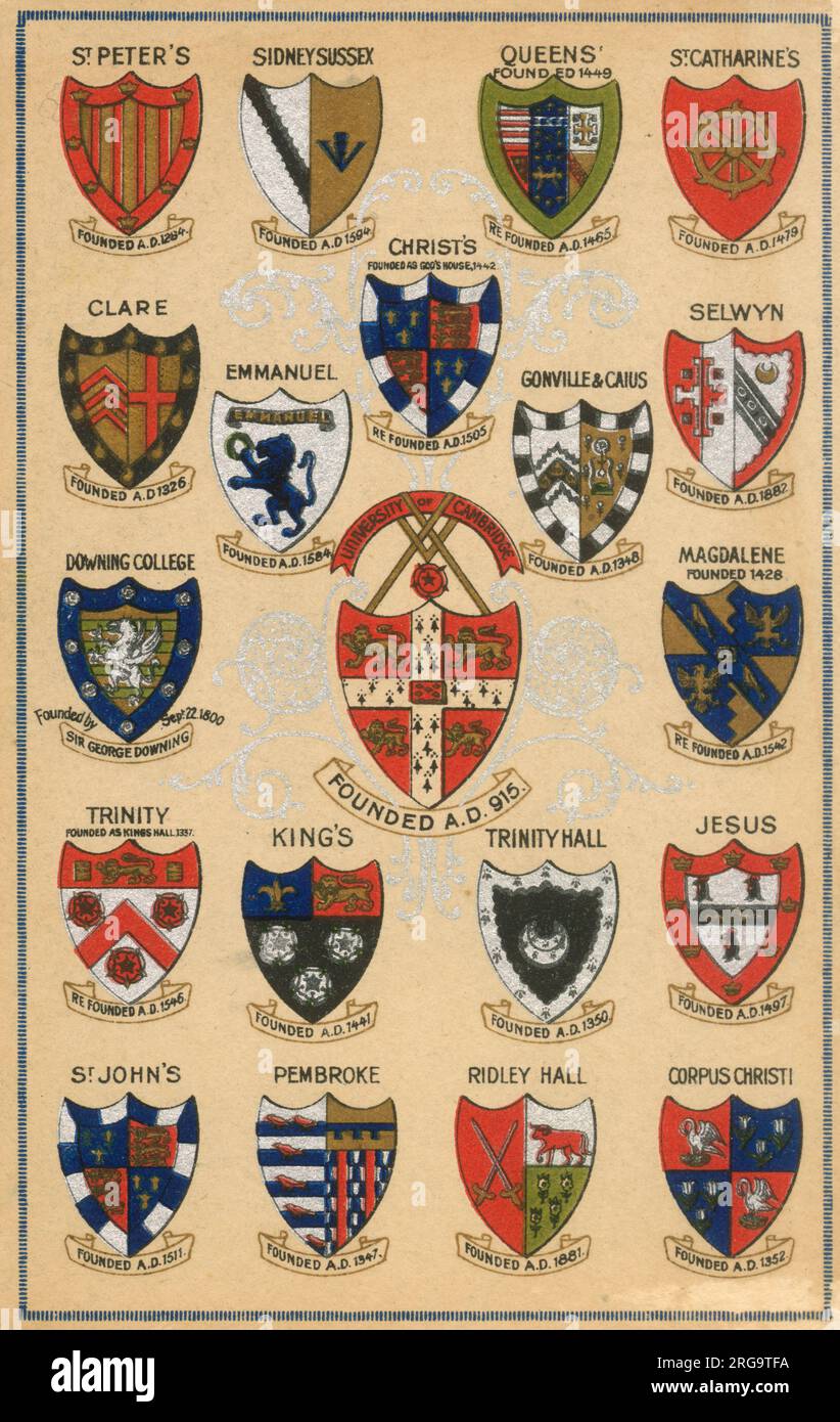 The Coats of Arms of the Principal Colleges of Cambridge University Foto Stock