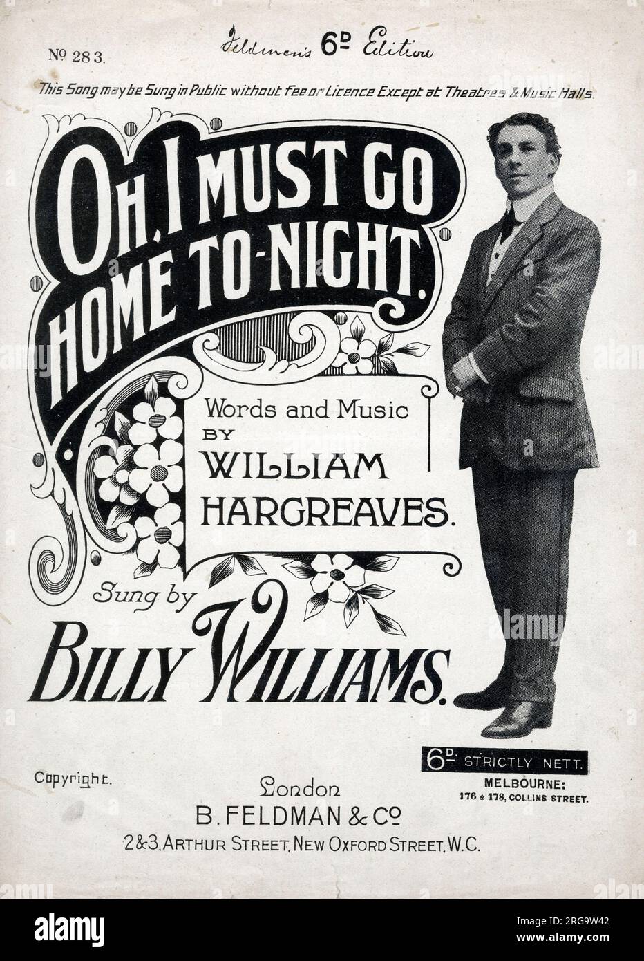 Copertina musicale, Oh, i Must Go Home to-night - parole e musica di William Hargreaves, cantata da Billy Williams. Foto Stock