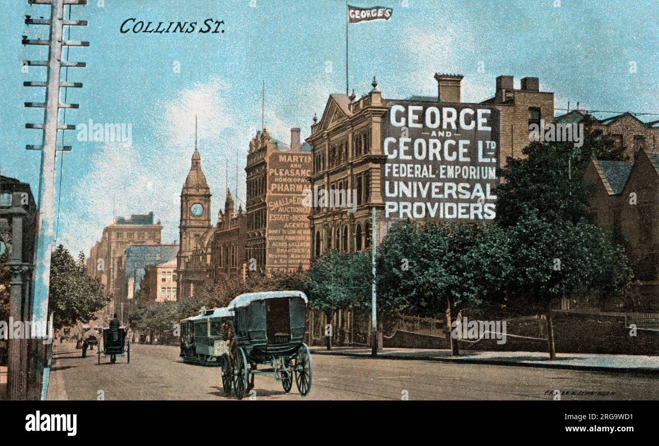 Collins Street, Melbourne, Victoria, Australia. Georges Store ha iniziato come George & George's Federal Emporium, fondato dai fratelli William e Alfred George, nel 1880, trasferendosi nel 1883 in un grande edificio a quattro piani al 280 di Collins Street, come mostrato qui (a destra). Il negozio ha chiuso nel 1995 Foto Stock