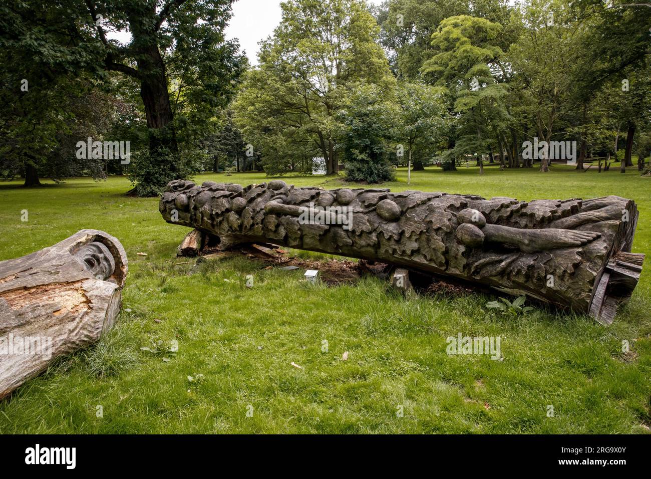 Il parco del castello di Stammheim nel distretto di Stammheim, area verde pubblica in cui è esposta l'arte moderna, Colonia, Germania. Scultura in legno "Tote e Foto Stock