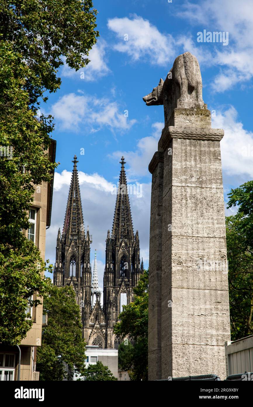 Lupo della fontana romana di fronte al Museo della città di Colonia, la cattedrale, Colonia, Germania. Die roemische Woelfin des Roemerbrunnens vor dem Foto Stock