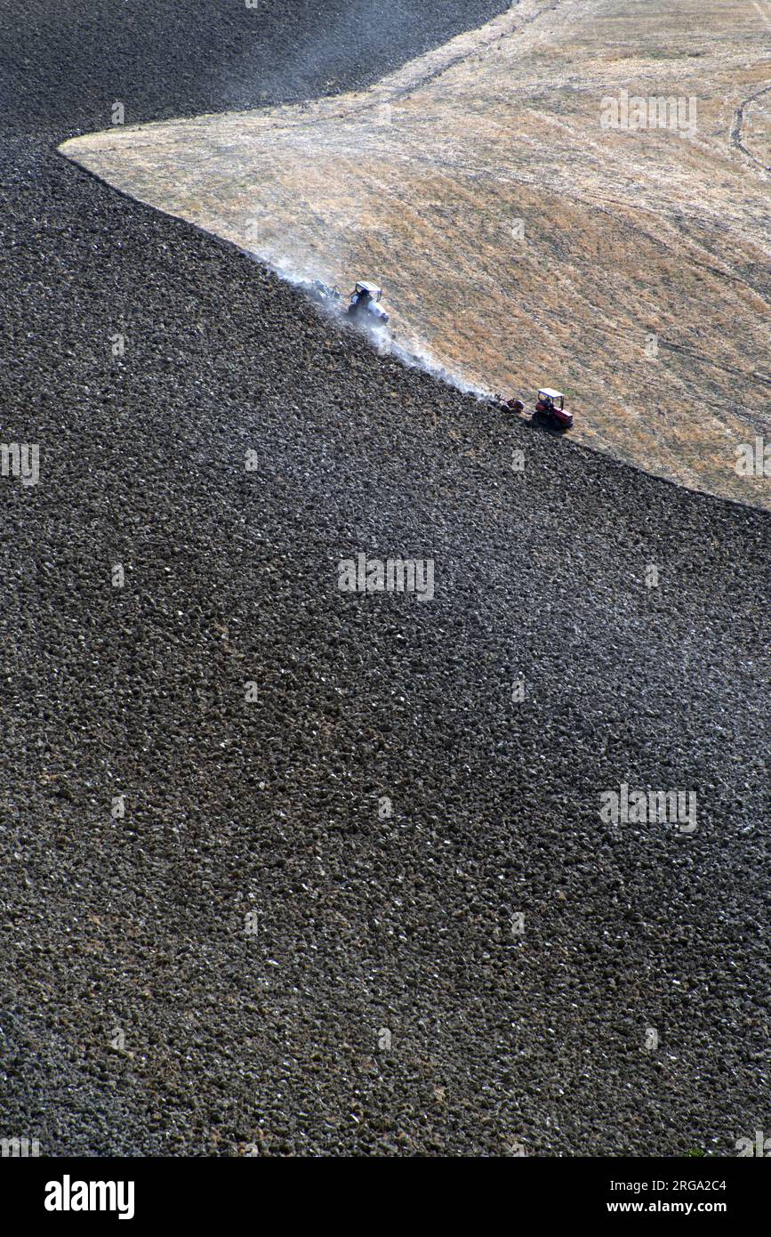 Lavori agricoli di aratura in un campo Foto Stock