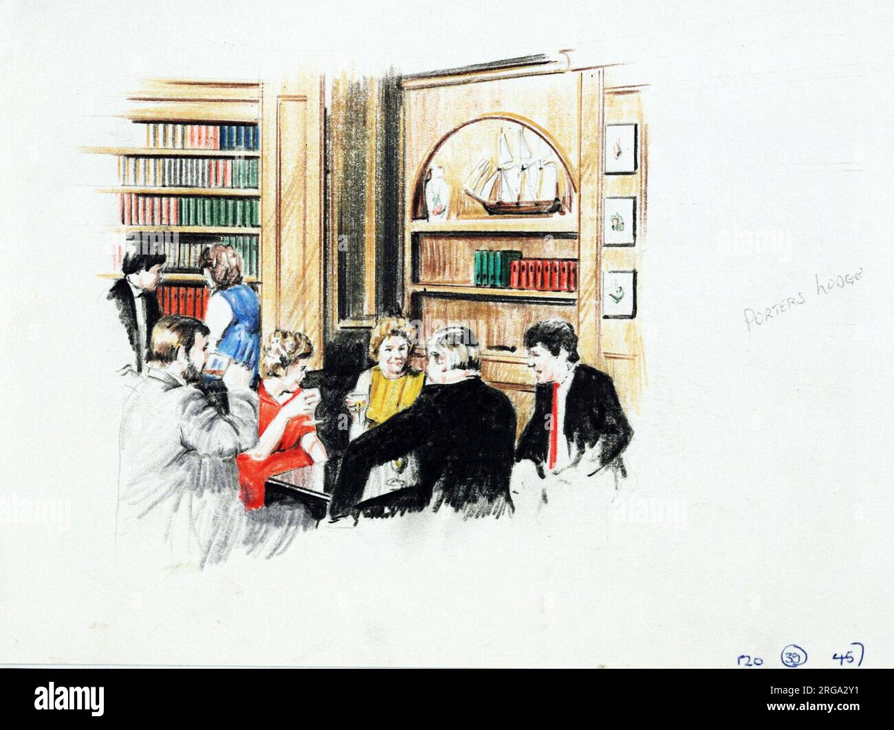 Schizzo di Porters Lodge PH, City, Londra. Il lato principale della stampa (mostrato qui) raffigura: Schizzo del pub. Il retro della stampa (disponibile su richiesta) dettagli: Niente per il Porters Lodge, City, London EC4R 9AY. A partire da luglio 2018 . Richiesta di pianificazione concessa nel 2011 per demolire e sostituire con blocco ufficio. Foto Stock