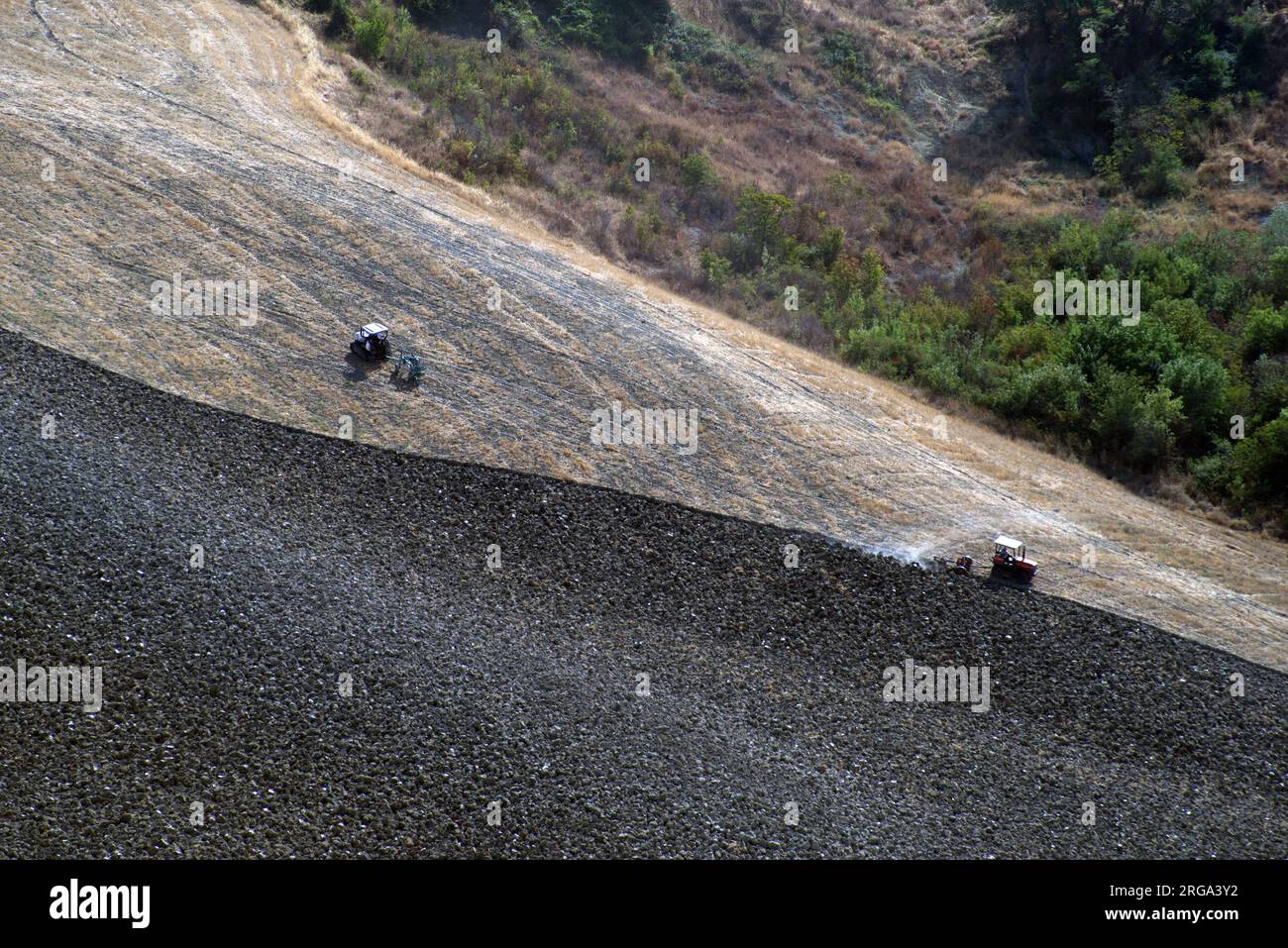 Lavori agricoli di aratura in un campo Foto Stock