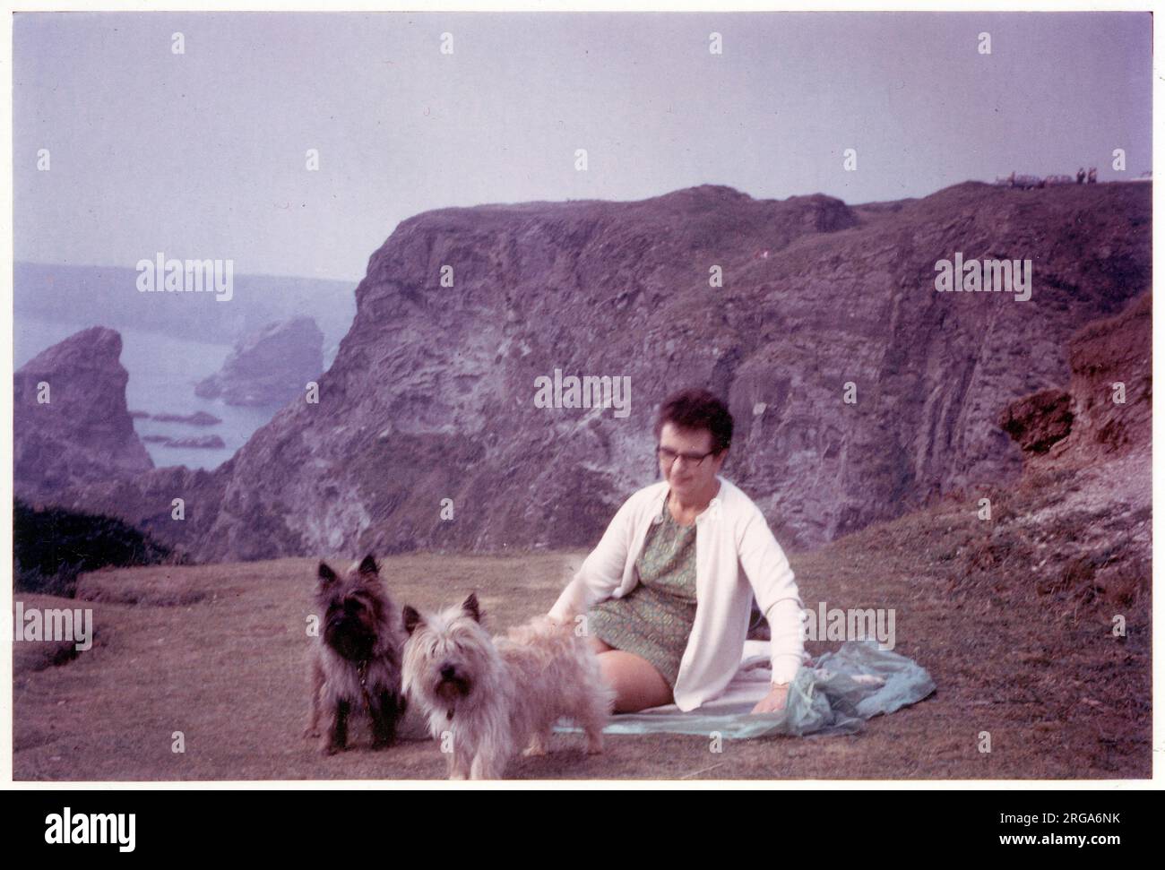 Una signora con i suoi due terrieri animali, rilassarsi su un telo da spiaggia, che domina un tratto di costa rocciosa (possibilmente in Devon o Cornovaglia) - Agosto, 1970 Foto Stock