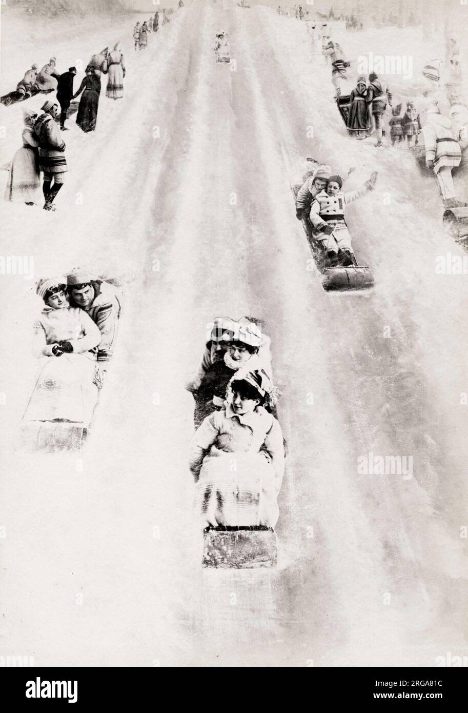 Toboga nella neve, immagine di fotomontaggio composito da studio di William Notman, Canada Foto Stock