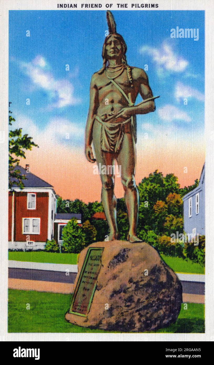 Massasoit - una statua dello scultore americano Cyrus Dallin su Coles Hill a Plymouth, Massachusetts. Fu completata nel 1921 per celebrare il trecentesimo anniversario dello sbarco dei pellegrini. La scultura è destinata a rappresentare il leader del Pokanoket Massasoit che accoglie i pellegrini in occasione del primo Ringraziamento. Plymouth è il più antico insediamento inglese in America e culla della Repubblica. Il 11 dicembre 1620 i Padri Pellegrini istituirono un governo a Plymouth basato su prnciples che erano il gensis delle istituzioni americane. Foto Stock