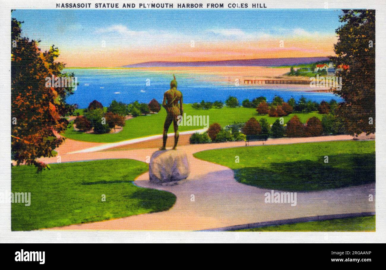 Massasoit - una statua dello scultore americano Cyrus Dallin su Coles Hill a Plymouth, Massachusetts. Fu completata nel 1921 per celebrare il trecentesimo anniversario dello sbarco dei pellegrini. La scultura è destinata a rappresentare il leader del Pokanoket Massasoit che accoglie i pellegrini in occasione del primo Ringraziamento. Plymouth è il più antico insediamento inglese in America e culla della Repubblica. Il 11 dicembre 1620 i Padri Pellegrini istituirono un governo a Plymouth basato su prnciples che erano il gensis delle istituzioni americane. Foto Stock