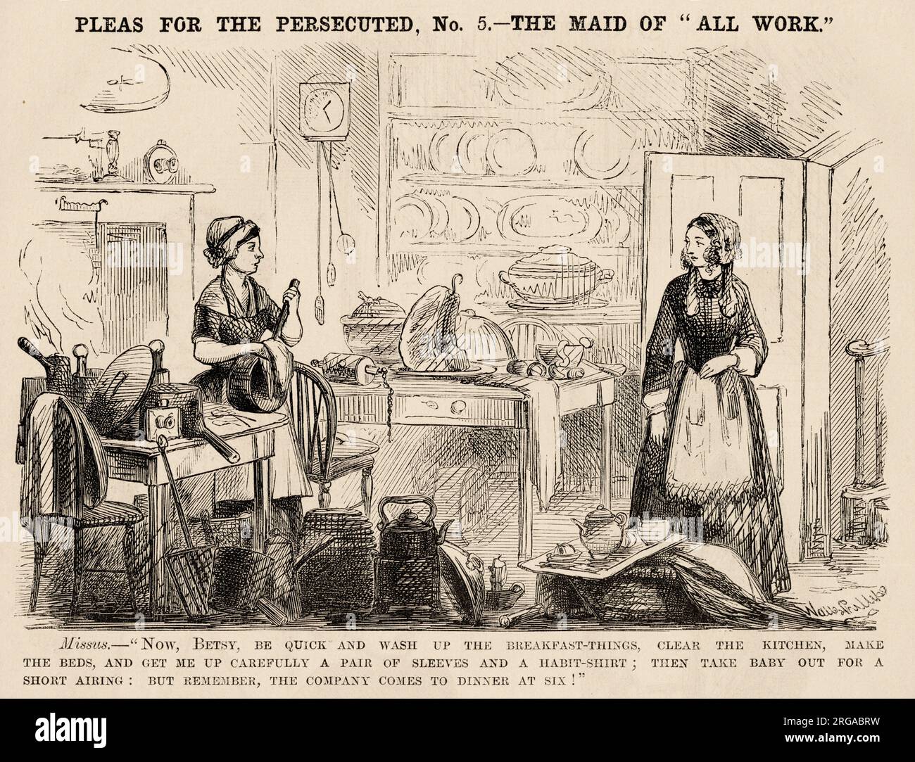 Il "Maid-of-all-work" è stato creato. "Ora, Betsy" fai in fretta e lavati le cose per la colazione, sgomberati la cucina, prepara i letti, e mi fai alzare con cura un paio di maniche e una camicia da abitudine; poi porta il bambino fuori per una breve messa in onda: Ma ricorda, la compagnia viene a cena alle sei!" Foto Stock
