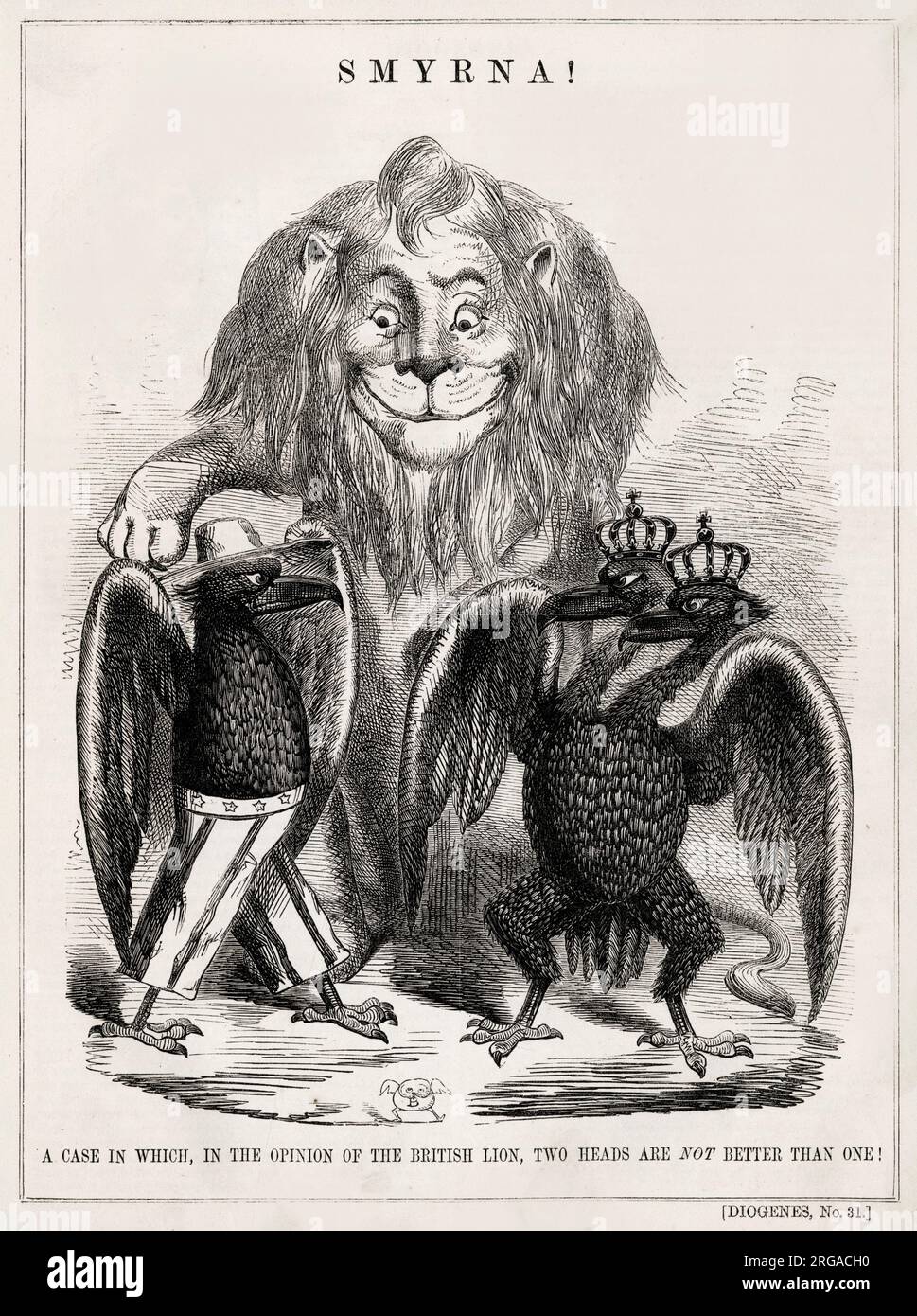 Smyrna! Un caso in cui, secondo il leone britannico, due teste non sono meglio di una! Cartone animato sull'affare Koszta nel 1853, un incidente diplomatico tra gli Stati Uniti e l'Impero austriaco. L'aquila americana viene lanciata contro l'aquila a doppia testa dell'Impero austriaco. Martin Koszta, di nascita ungherese, era fuggito in Turchia, per poi emigrare negli Stati Uniti. Tornò in Turchia (Smirne, ora Smirne), nel 1853 per affari, ma fu arrestato da ufficiali austriaci. Foto Stock