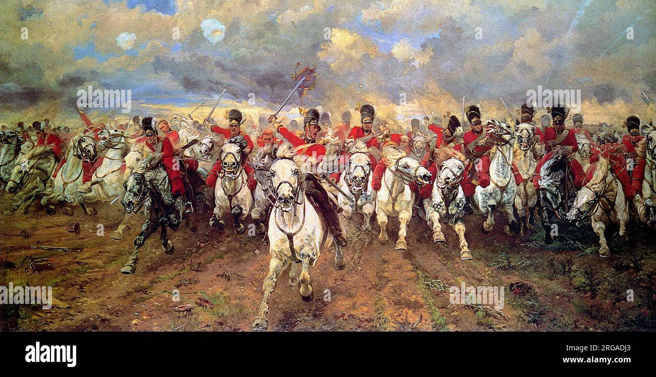 Scozia per sempre! La carica degli Scots Greys, il reggimento di cavalleria pesante britannico che caricò altre cavallerie pesanti britanniche nella battaglia di Waterloo il 18 giugno 1815. Foto Stock