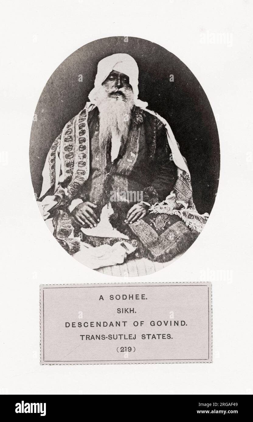 Fotografia d'epoca del XIX secolo: Il popolo dell'India: Una serie di illustrazioni fotografiche, con Letterpress descrittiva, delle razze e delle tribù indù - pubblicato nel 1860 sotto l'ordine del viceré, Lord Canning - un Sodhee, Sikh, discendente di Govind, Trans-Sutlej Stato. Foto Stock