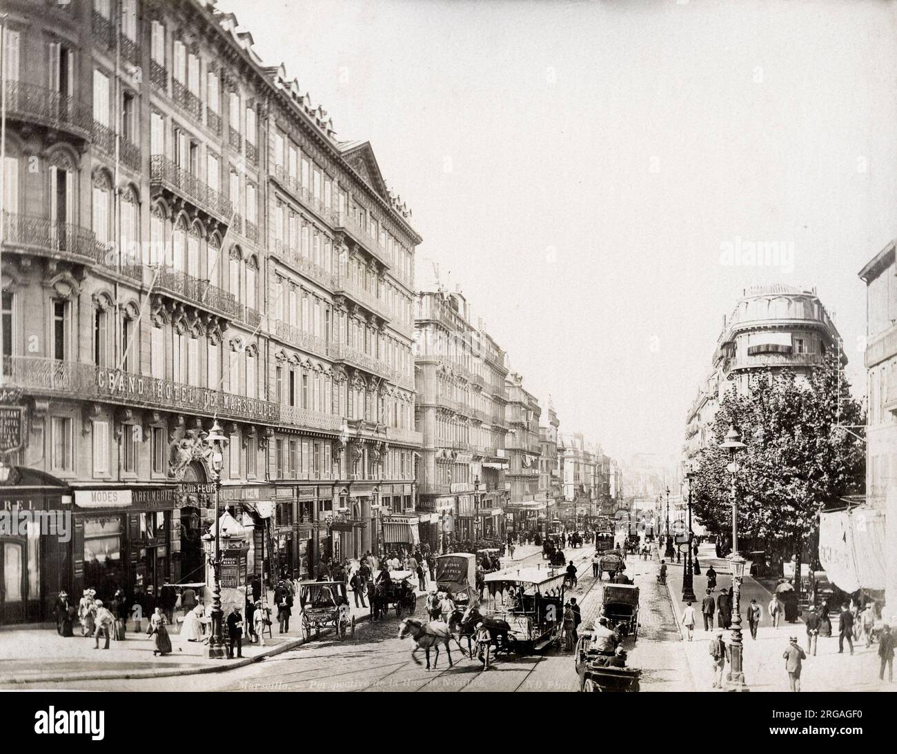 Fotografia d'epoca del XIX secolo - rue de Noailles, Marsiglia, Marsiglia, Francia, trafficata di traffico trainato da cavalli. Foto Stock