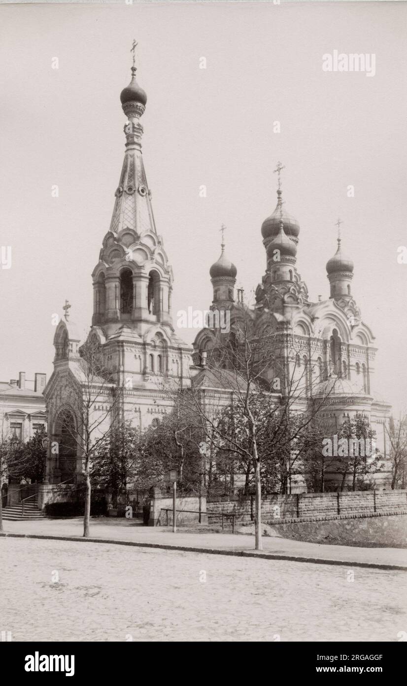 Foto d'epoca del XIX secolo: Il San Simeone della meravigliosa Chiesa di montagna è una chiesa ortodossa russa nella città tedesca di Dresda. Foto Stock