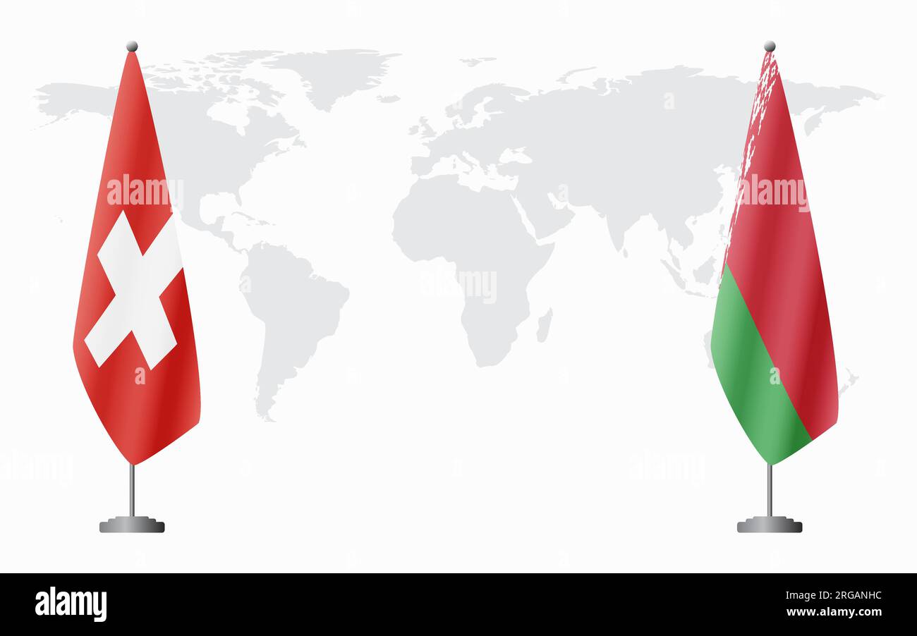 Bandiere svizzere e bielorusse per riunioni ufficiali sullo sfondo della mappa mondiale. Illustrazione Vettoriale