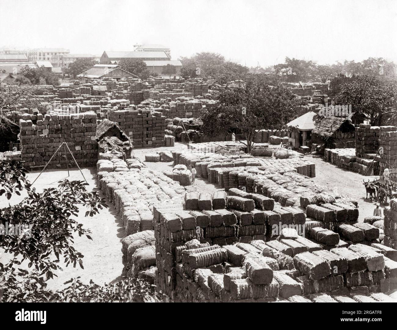 Balle di cotone sul molo per il carico su una nave, India, circa 1870 Foto Stock