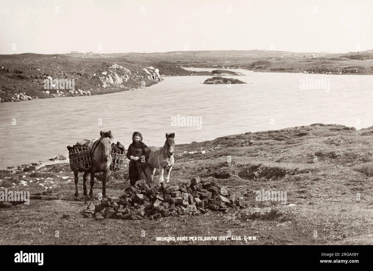 Fotografia del XIX secolo d'epoca: Portare a casa la torba con un pony, Scozia, circa 1880. Foto Stock